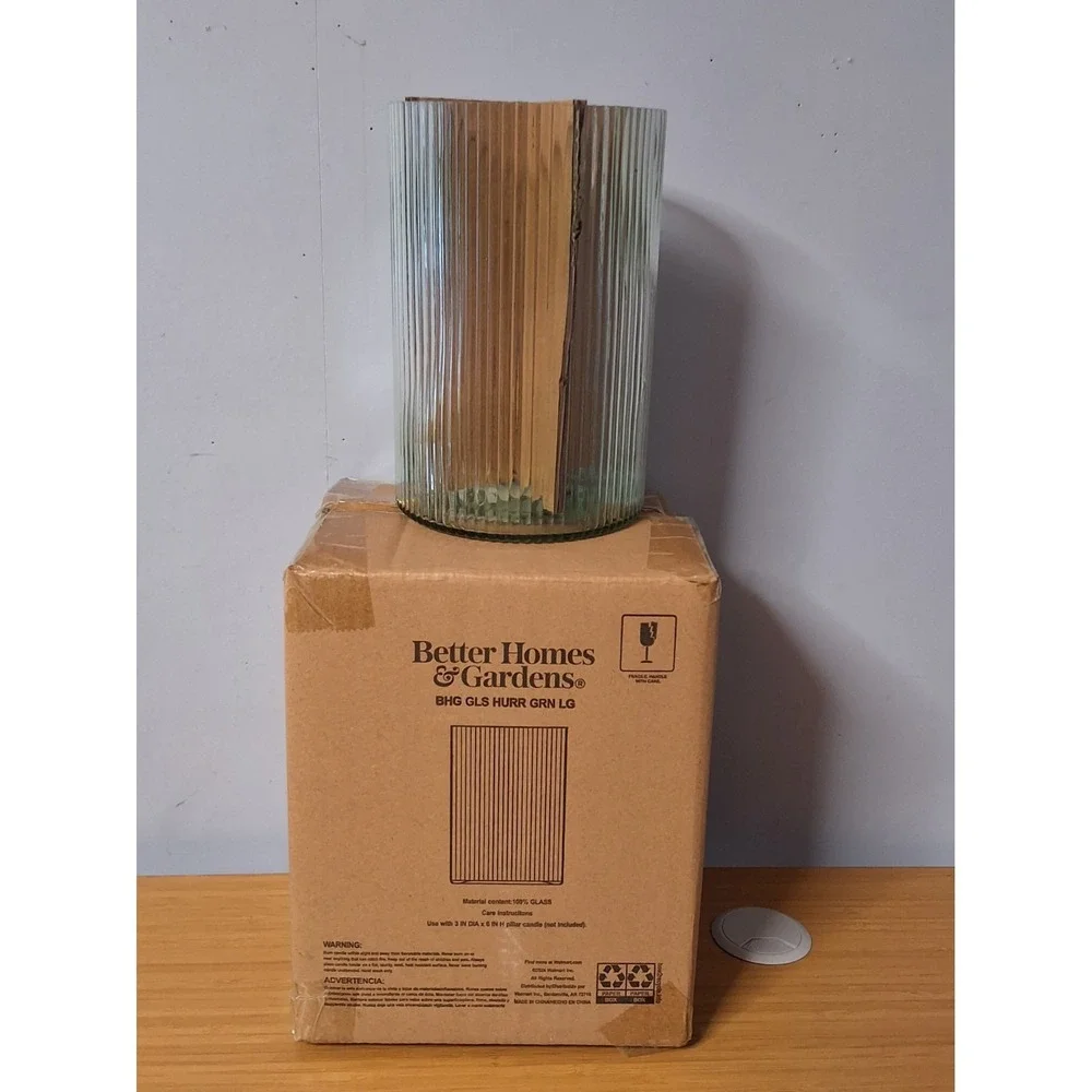 Better Homes And Gardens Green Glass Ribbed Hurricane Candle Holder. NIB